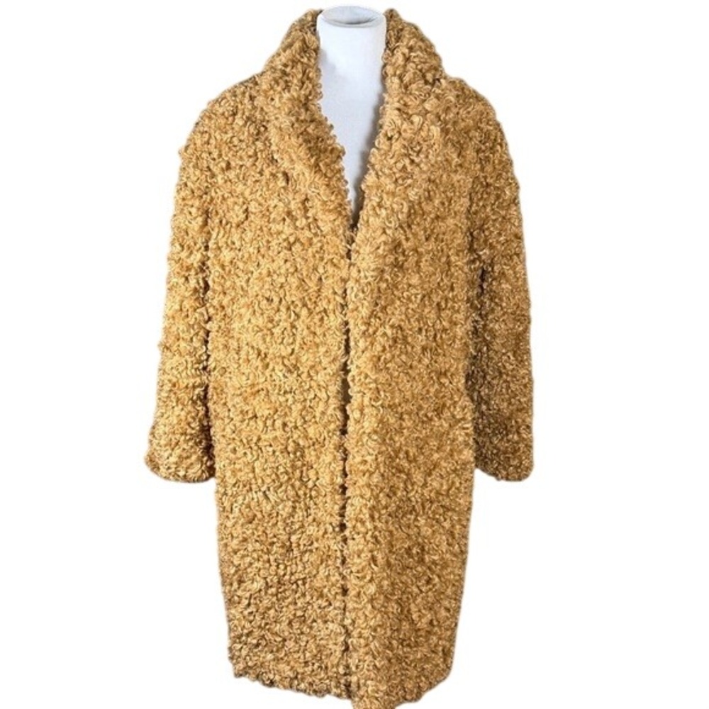 C/MEO COLLECTIVE Womens S Mustard Tan Curly Faux Fur Teddy Coat Notched Lapel